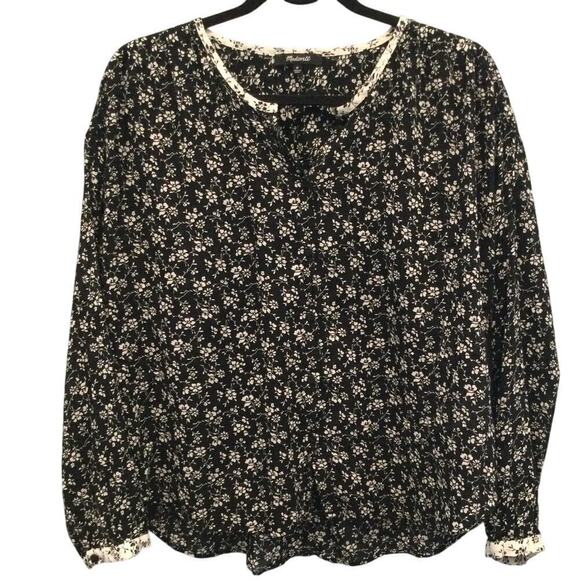 Madewell Peasant Blouse Women Size M Black Ditsy Branch Floral Meadow Shirt Boho - Picture 4 of 13